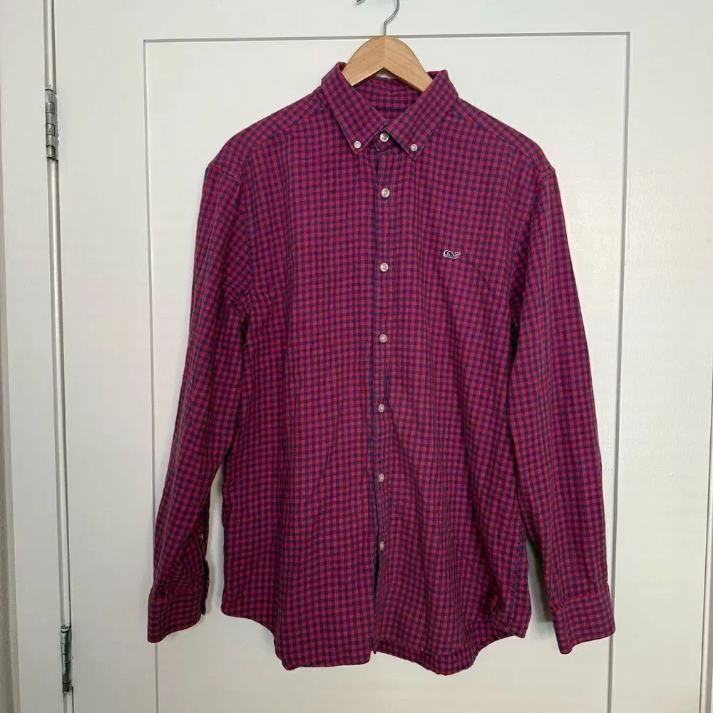 Vineyards Vines Flannel Shirt Mens Sz L Pink Blue Plaid Button Down Long Sleeve